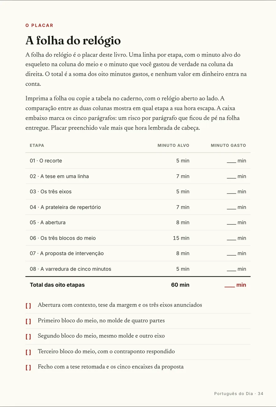 A planilha: A folha do relógio: o minuto alvo de cada etapa contra o minuto que a sua hora gastou